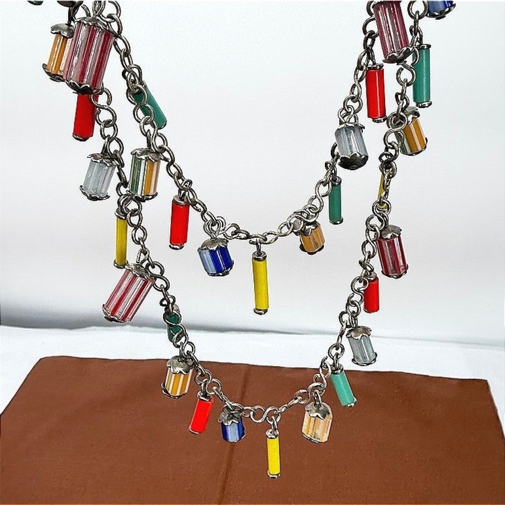 Dangling Tube Charm Lantern Bead Double Strand Necklace VTG Boho Art Deco